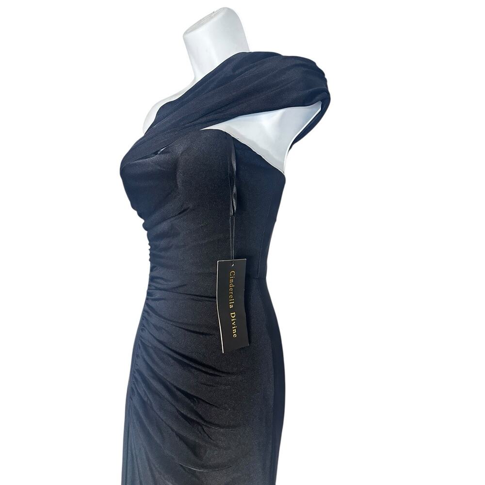 NWT Cinderella Divine Asymmetrical Neckline Bodycon Slit Black Dress Gown 2 - Picture 4 of 12
